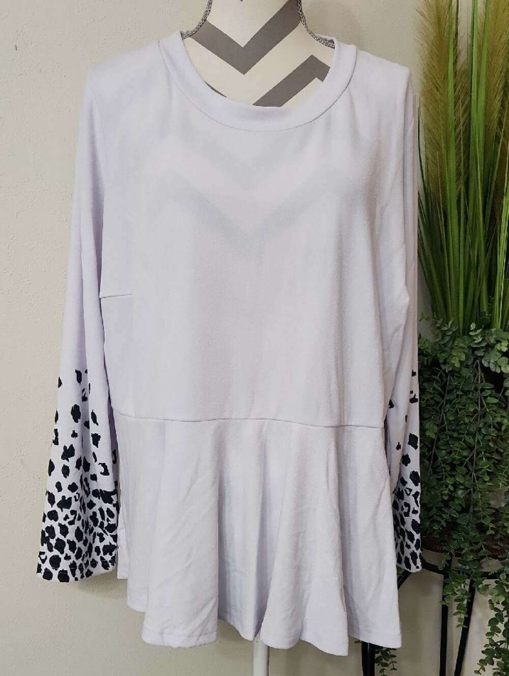 Ashley Stewart White Peplum Long-Sleeve Top with Black Leopard-Sleeve Accents